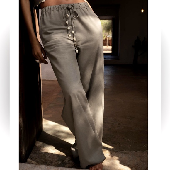 NEW Zara olive green WIDE LEG PANTS WITH SEASHELL TIES - Picture 1 of 8